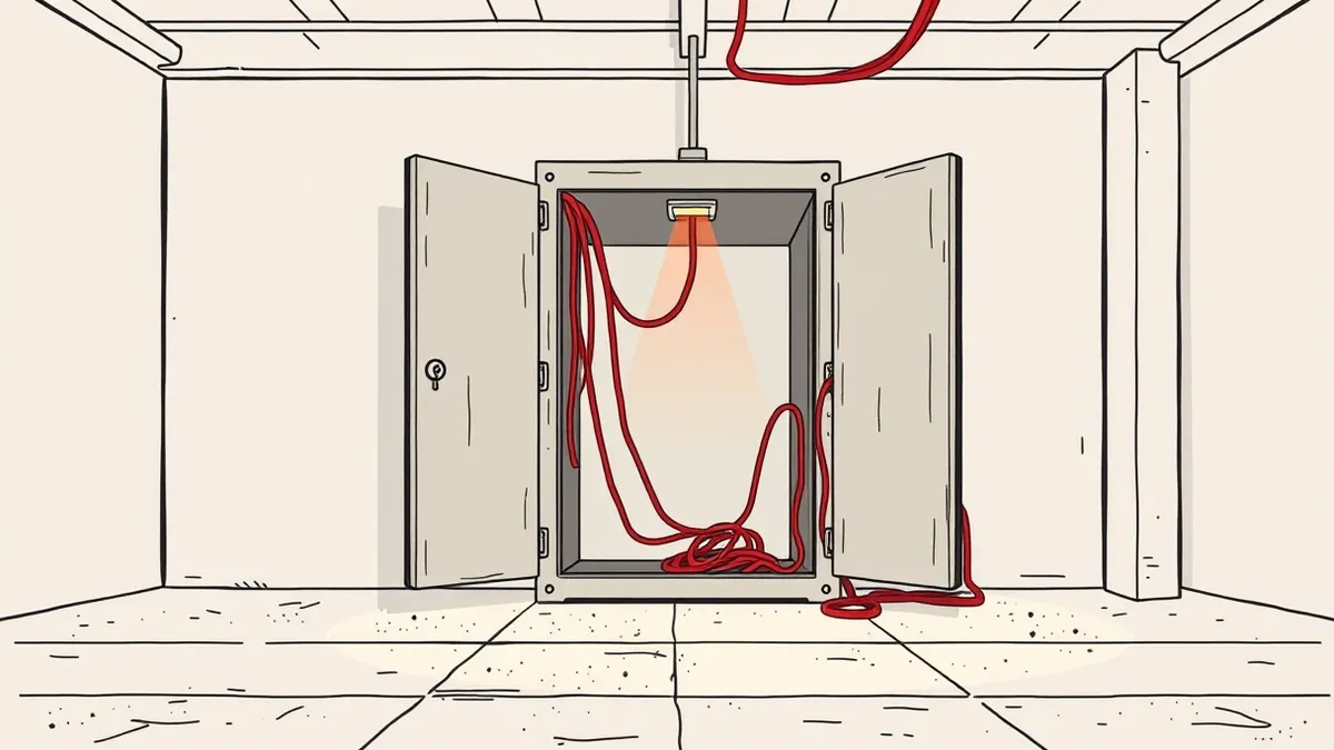 Illustration: A weathered wooden server rack stands in a dim, dust-mote-filled room.