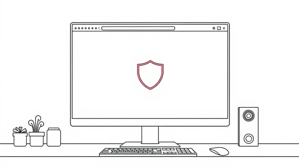 Illustration: A sleek desktop monitor sits on a clean desk, displaying a single large web browser window with abstract geometric shapes.