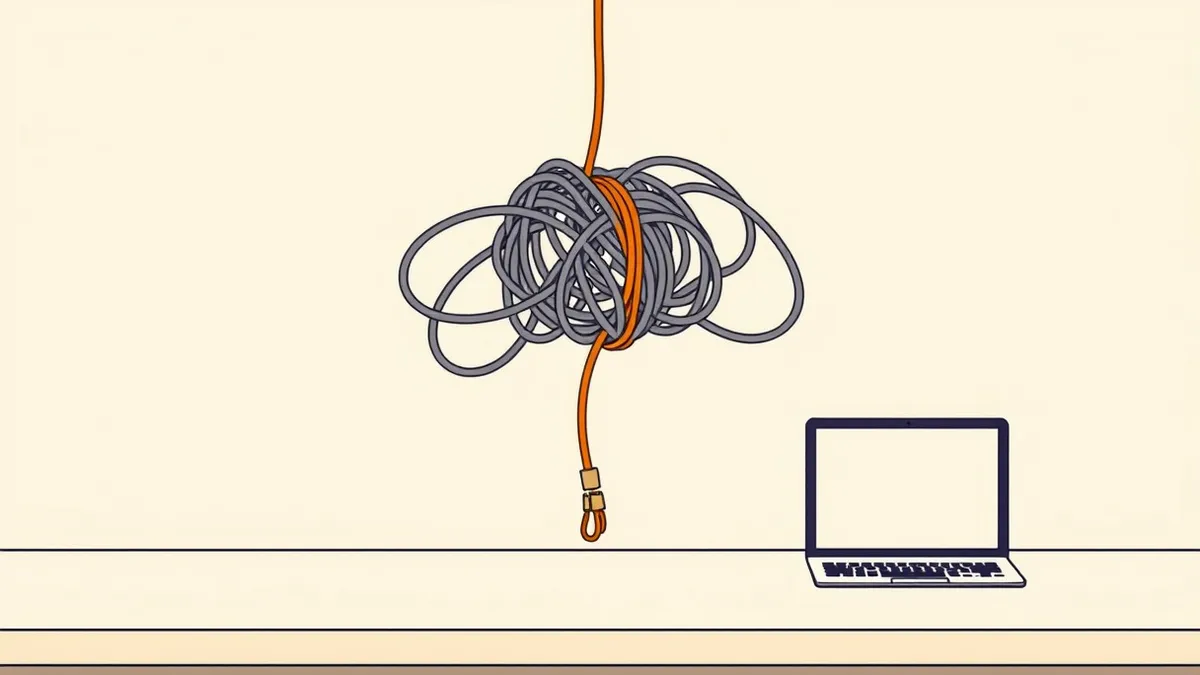 Illustration: A tangled knot of grey and orange cables hangs suspended in mid-air, representing a complex authorization flow.