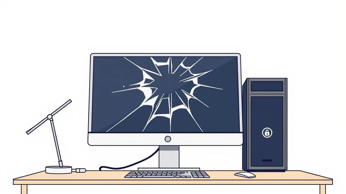 Illustration: A cracked server terminal sits on a wooden desk, its dark screen reflecting the glow of a nearby window.