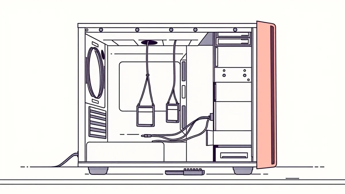 Illustration: A dusty desktop computer tower sits open on a workbench with its internal drive bay exposed.