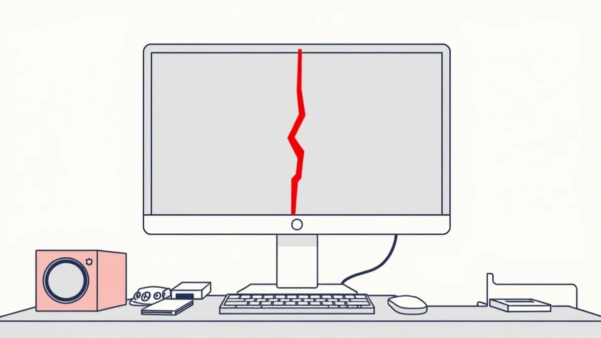 Illustration: A sleek Windows desktop computer sits on a cluttered desk, its monitor displaying a blank gray interface.