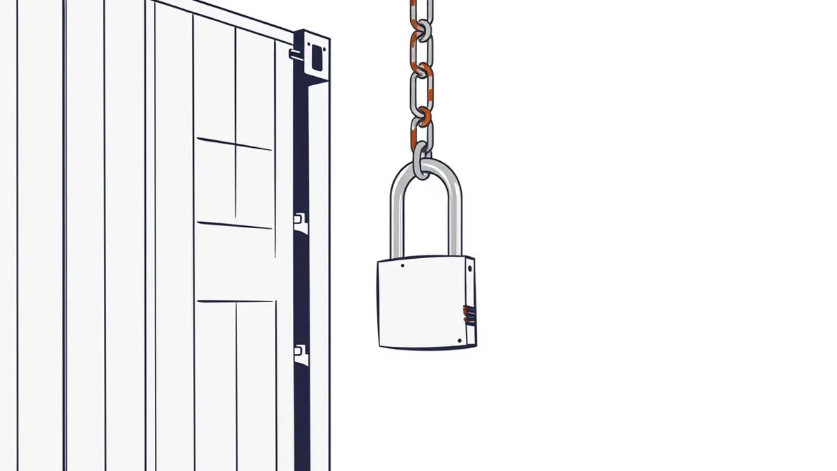 Illustration: A sleek metal padlock hangs from the chain of a shipping container docked in fog.