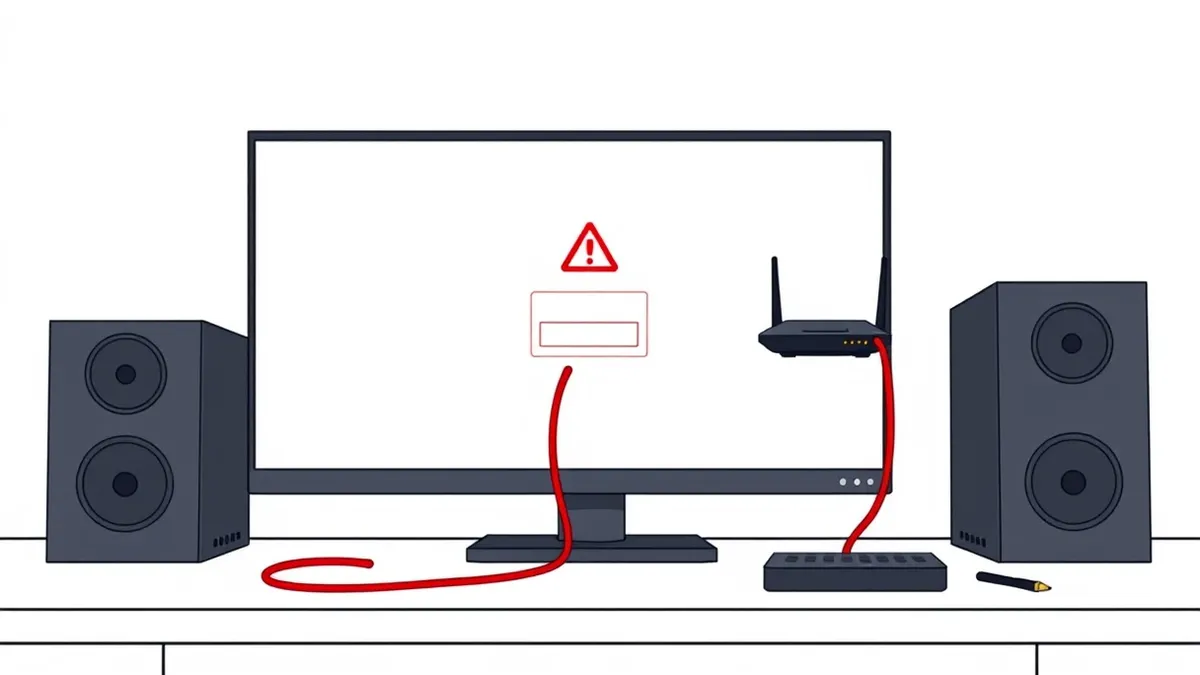Illustration: A sleek black security monitor sits on a clean desk, its screen displaying a blank white login portal with a single abstract red warning triangle hovering above the i