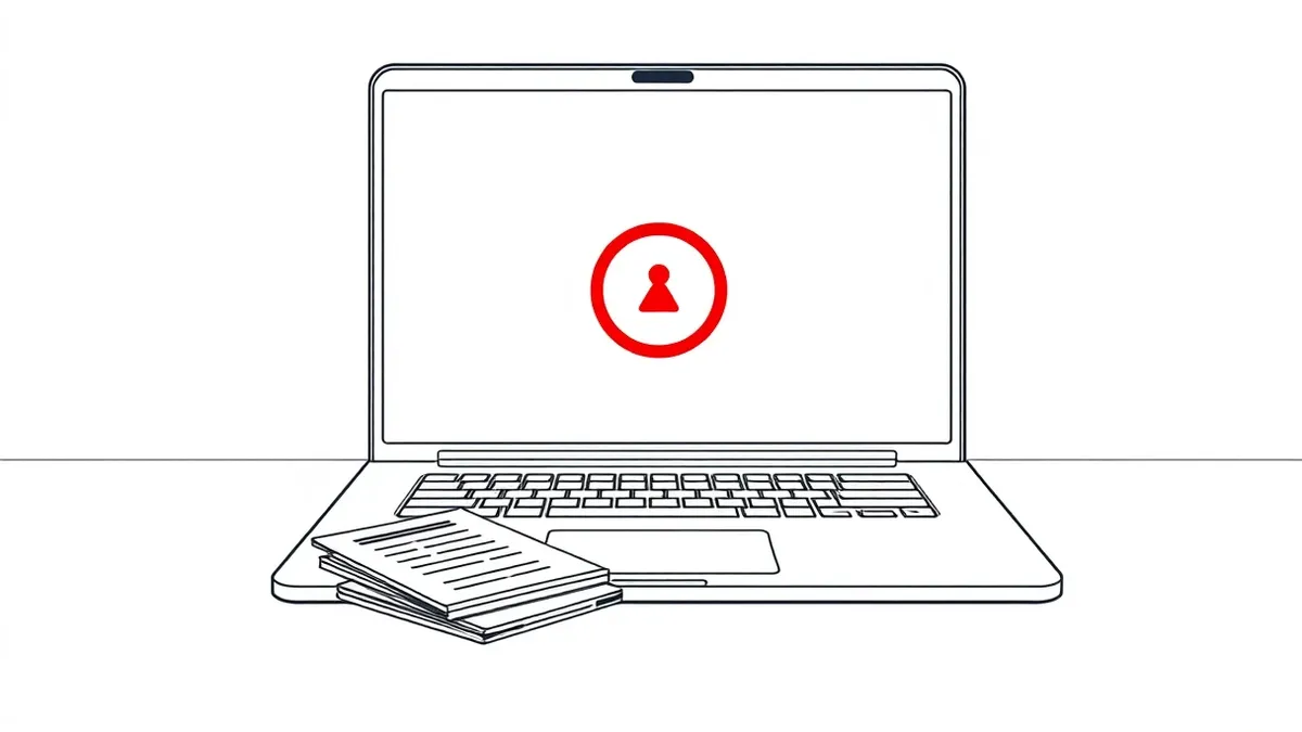 Illustration: A sleek silver laptop sits open on a clean white desk, its screen displaying a blank window with a prominent red circular warning icon in the center.