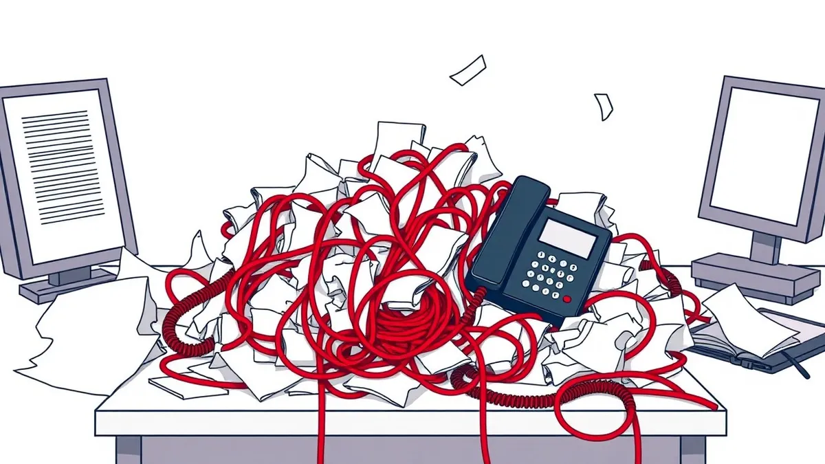 Illustration: A chaotic office desk scattered with crumpled white papers, tangled red phone cords, and a disconnected black landline receiver.