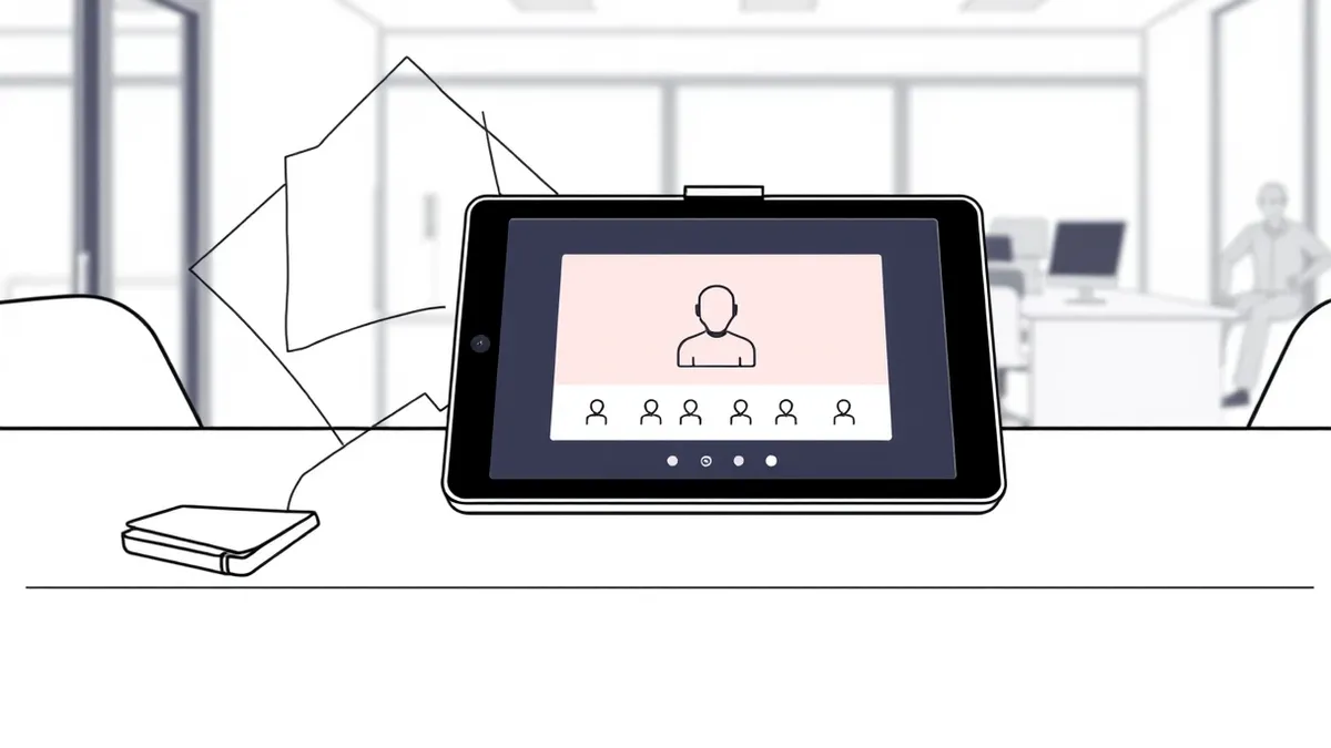 Illustration: A sleek tablet rests on a polished desk, displaying a video conferencing interface with a single suspicious meeting tile highlighted in faint red.