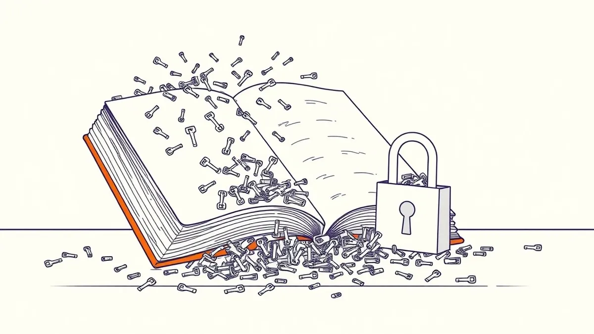 Illustration: A thick dictionary lies open on a desk, with thousands of small mechanical keys tumbling out from its pages like scattered seeds.
