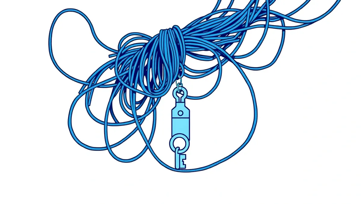 Illustration: A tangled mass of glowing blue wires wraps tightly around a small, metallic key hanging from a chain.