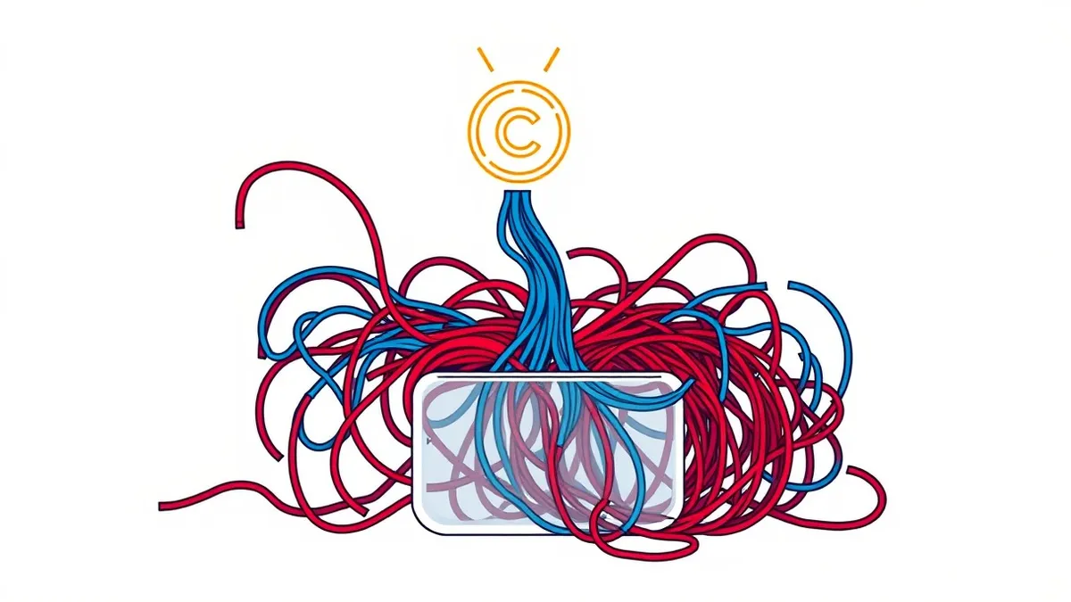 Illustration: A glowing compiler icon sits above a tangled mass of tangled red wires, untangling them into neat, parallel blue lines.