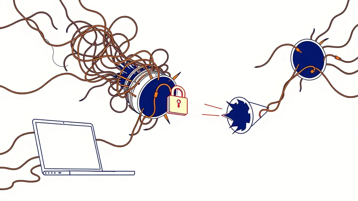 Illustration: A tangled web of glowing wires snags and redirects a small, locked data capsule away from its intended path.