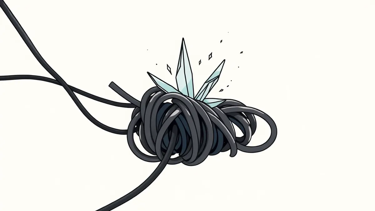 Illustration: A tangled knot of black cables floats in empty space.