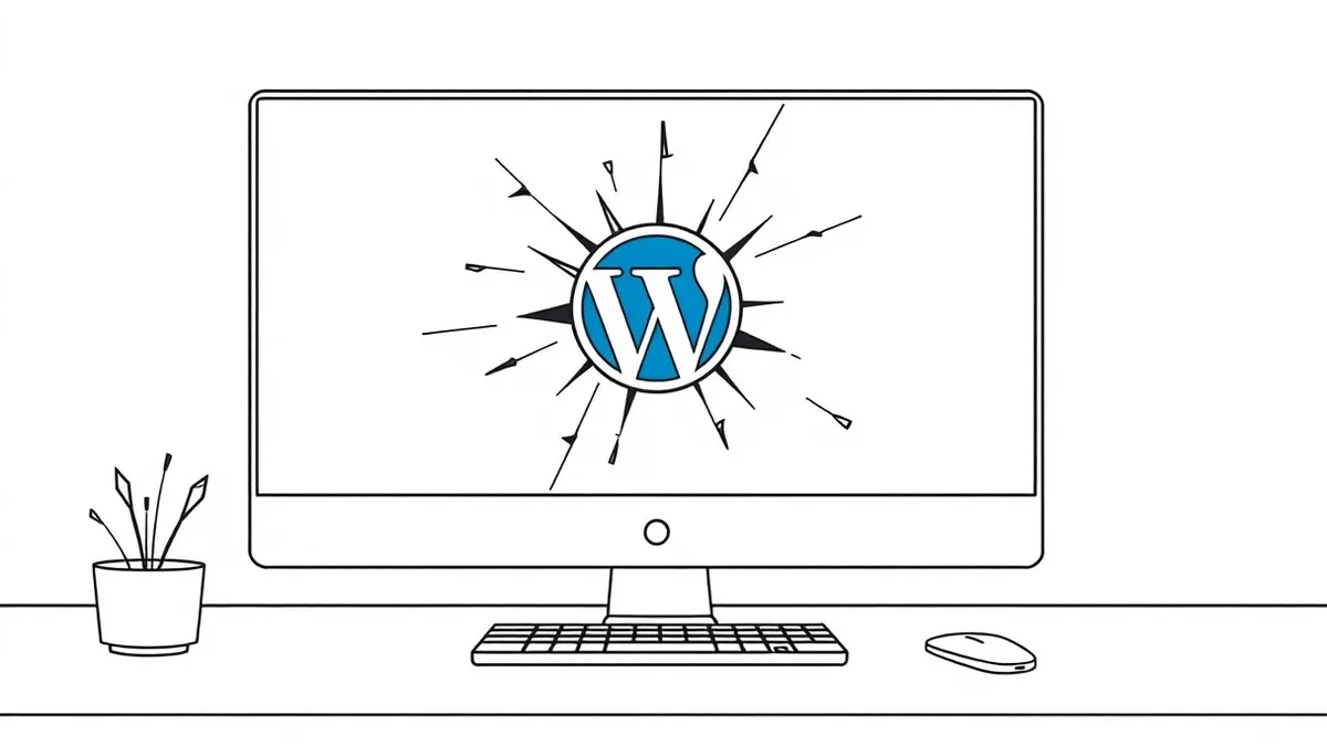 Illustration: A WordPress dashboard interface displays a single, unbranded theme icon that fractures into jagged, floating geometric shards.