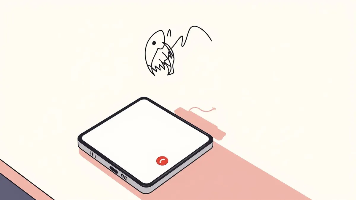 Illustration: A smartphone rests on a wooden desk, displaying a blank incoming call screen.