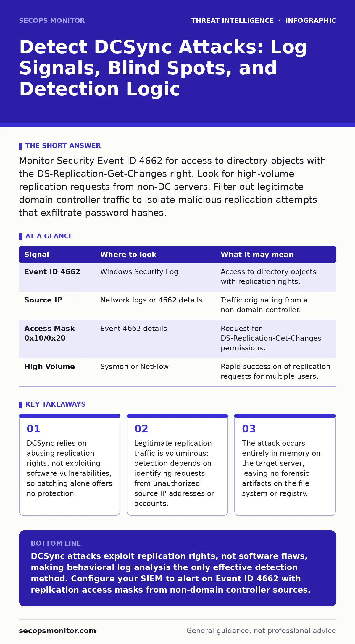 Infographic: Detect DCSync Attacks: Log Signals, Blind Spots, and Detection Logic. DCSync relies on abusing replication rights, not exploiting software vulnerabilities, so patching alone offers no protection. Legitimate replication traffic is voluminous; detection depends on identifying requests fro