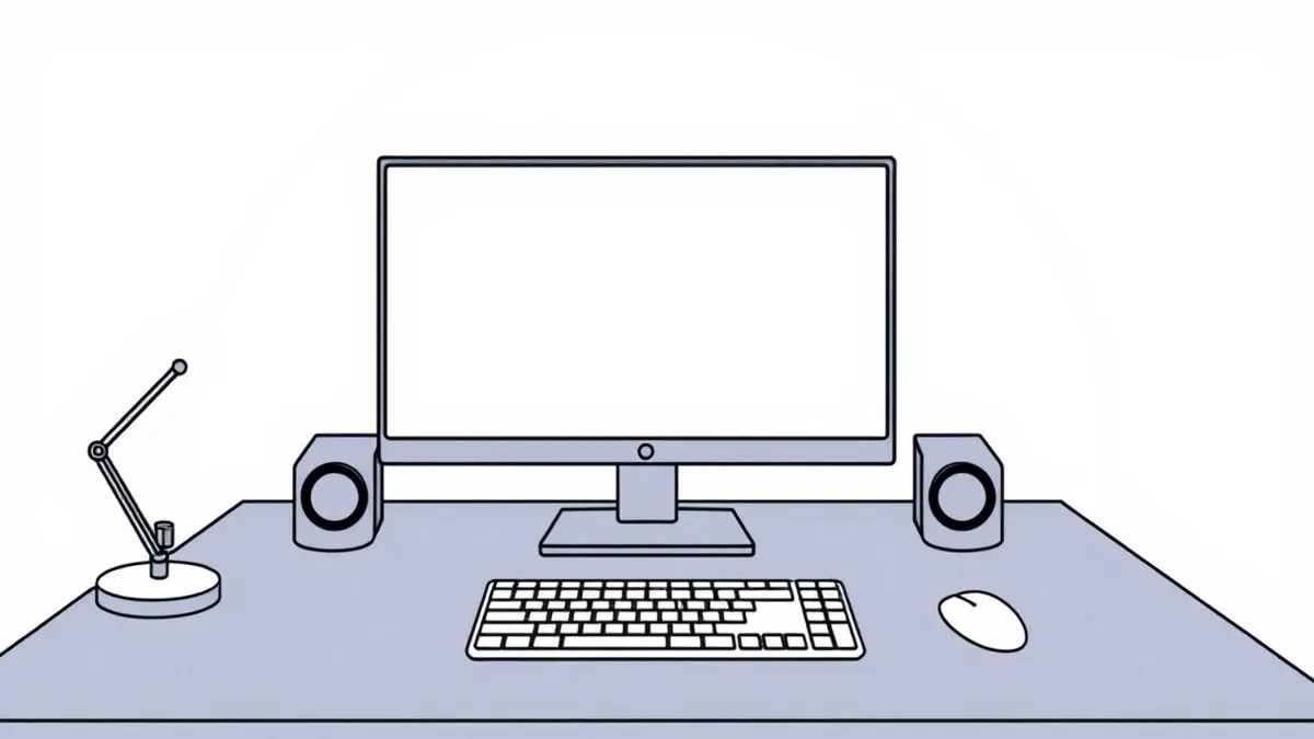 Illustration: A blank computer monitor sits on a dark desk, casting a cool glow over an empty keyboard.