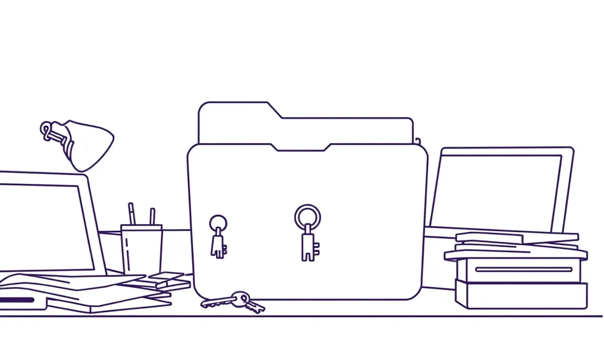 Illustration: A blank digital file folder sits slightly ajar on a cluttered desk.