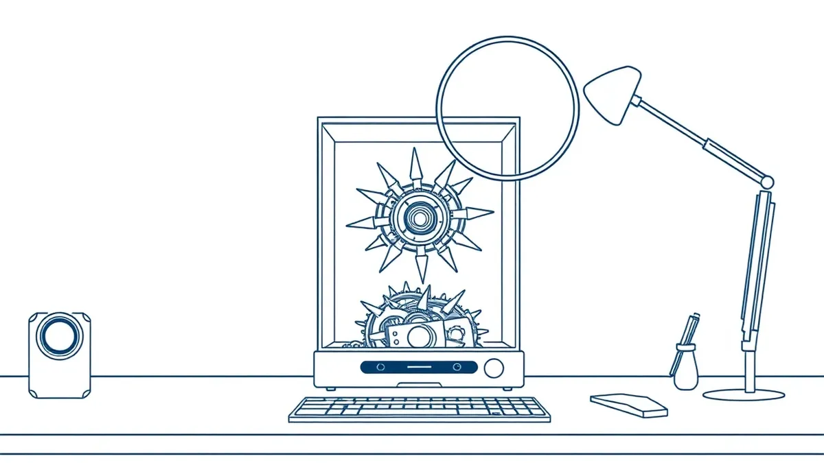 Illustration: A translucent, harmless-looking software box sits on a clean desk, but its interior reveals tangled, dark mechanical gears and sharp spikes.