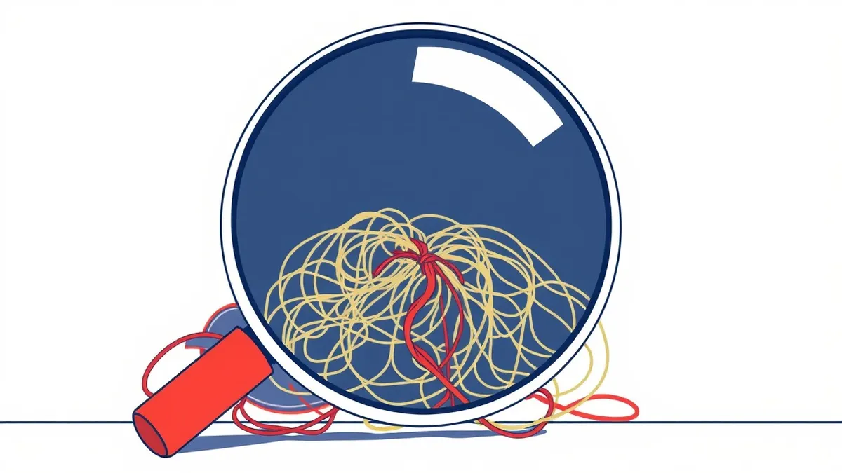Illustration: A magnifying glass hovers over a chaotic tangle of colored threads on a dark table.