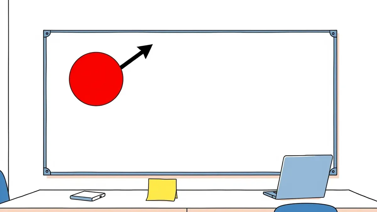 Illustration: A whiteboard displays a blank red circle next to a jagged black arrow piercing through a thin blue wall.
