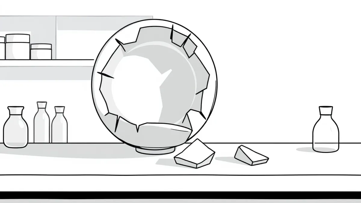 Illustration: A cracked porcelain plate sits on a sterile laboratory table.