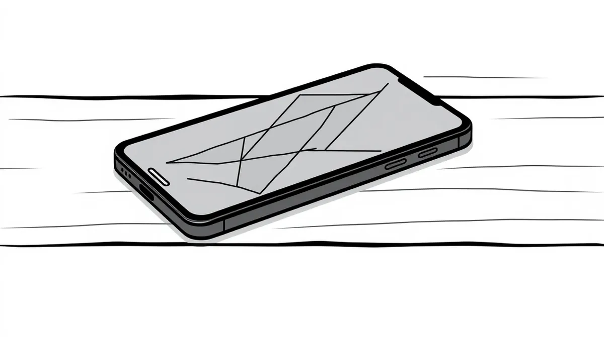 Illustration: A sleek black smartphone rests on a wooden table, its screen glowing with abstract geometric shapes.