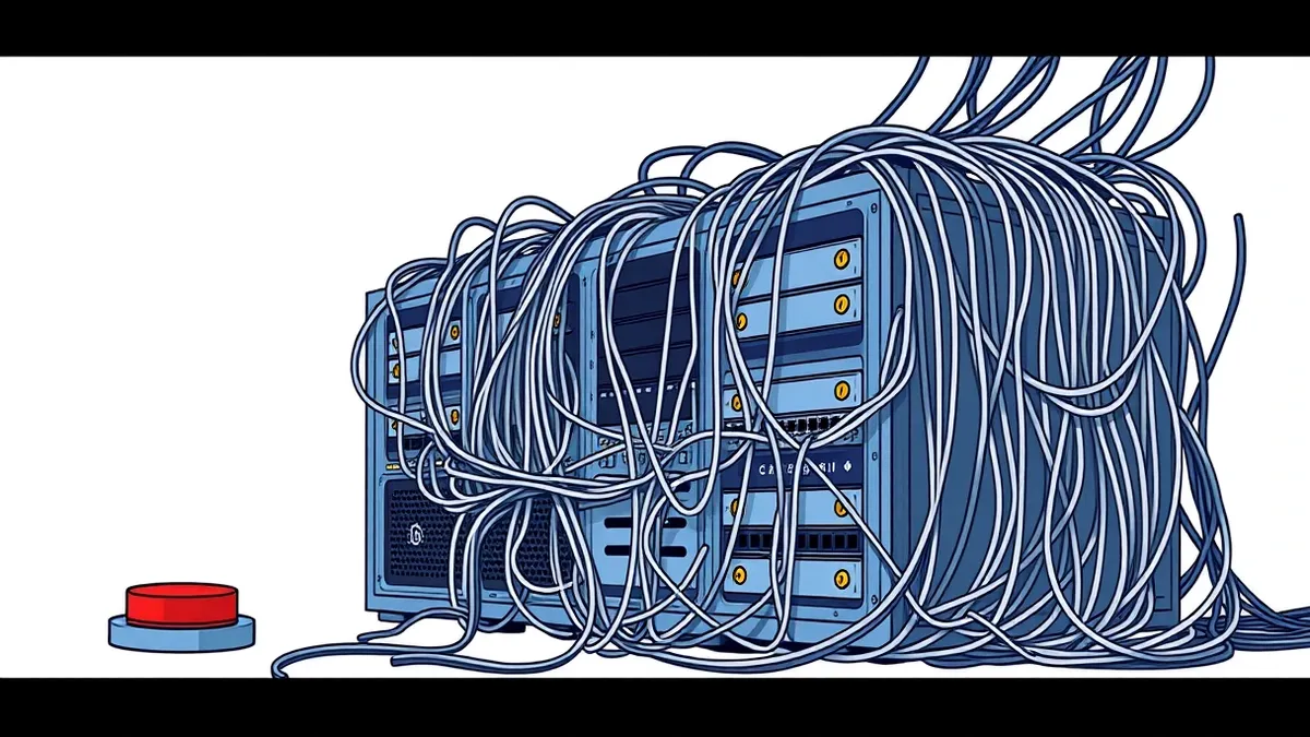 Illustration: A tangled mass of digital cables wraps tightly around a row of network routers and storage drives, compressing them into unrecognizable shapes.