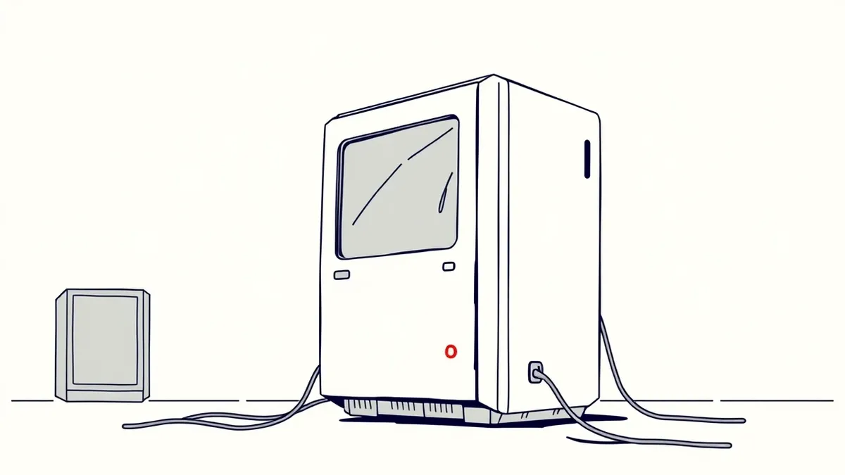 Illustration: A dusty, abandoned computer tower sits disconnected from power cables.