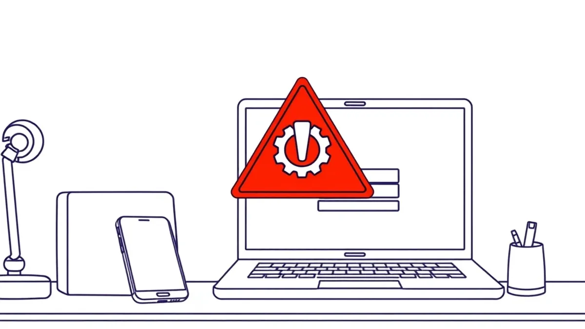 Illustration: A small office desk holds a generic smartphone and a laptop displaying a blank login screen.