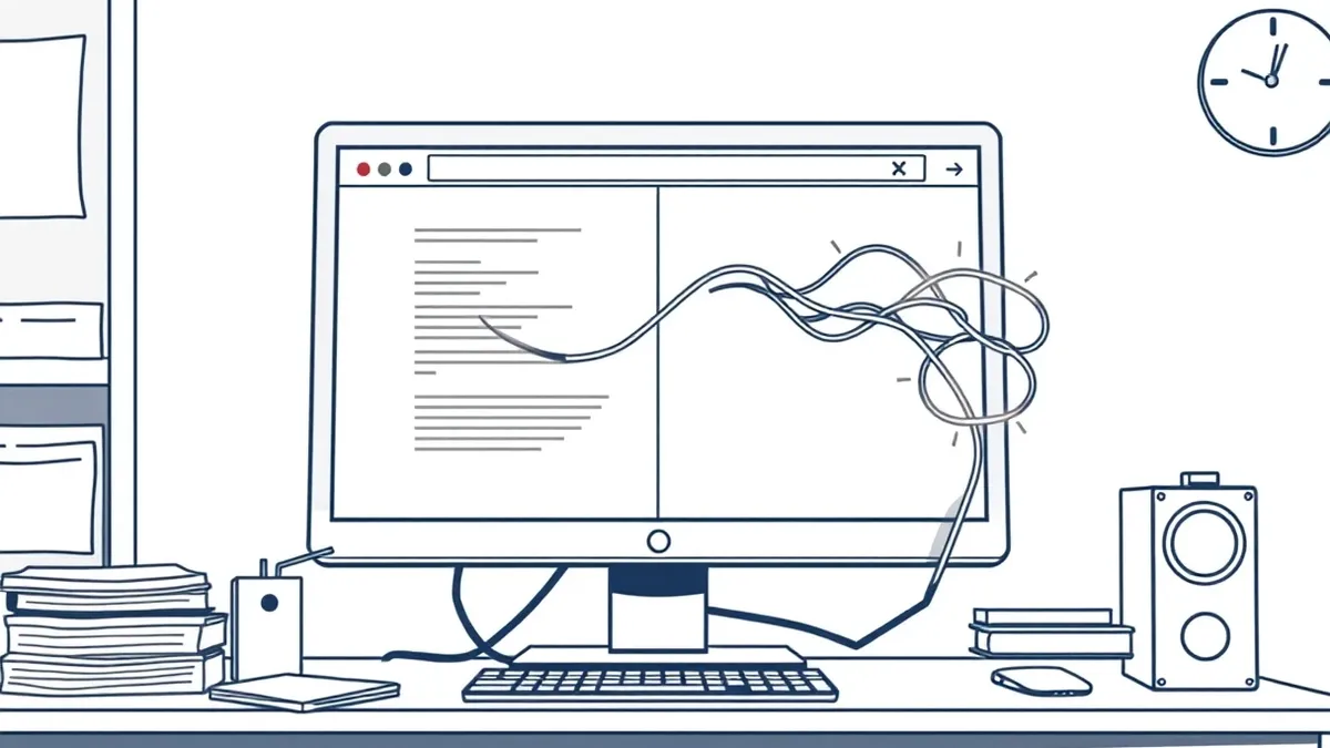 Illustration: A single computer monitor sits on a cluttered desk, its screen displaying a split view of a generic web page.