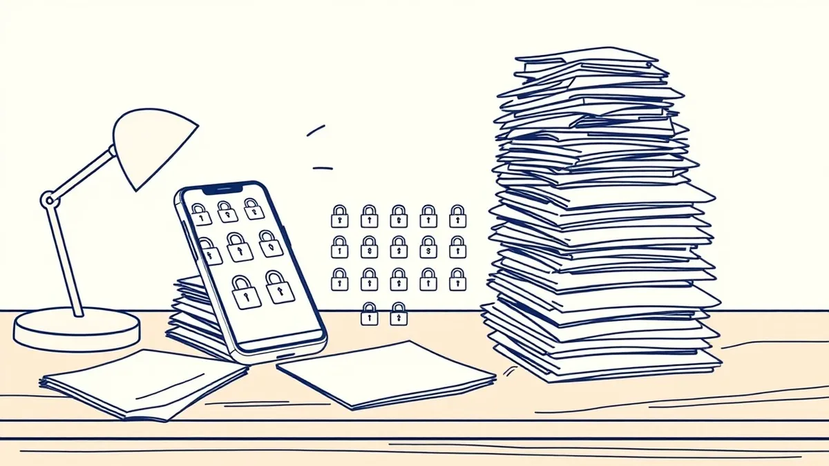 Illustration: A smartphone vibrates violently on a cluttered wooden desk, its screen glowing with a repetitive pattern of identical lock icons.