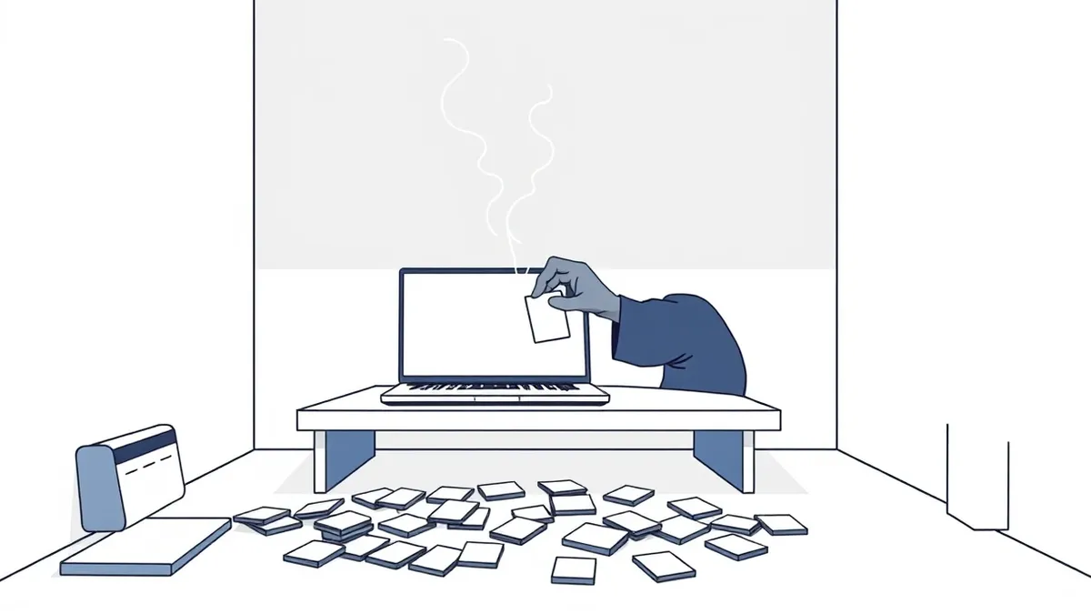 Illustration: A darkened room with a single desk holding a sleek laptop and a scattered pile of blank plastic cards.