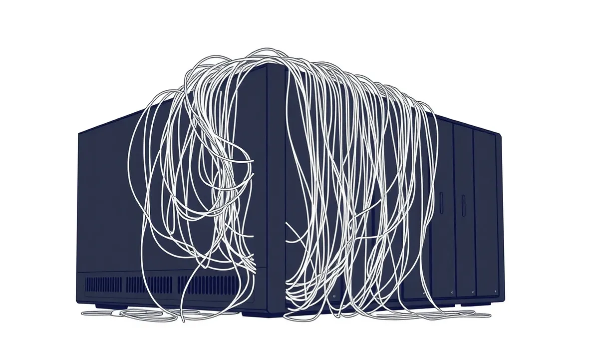 Illustration: A tangled mass of thin, translucent threads chokes the intake vents of a sleek black server unit.