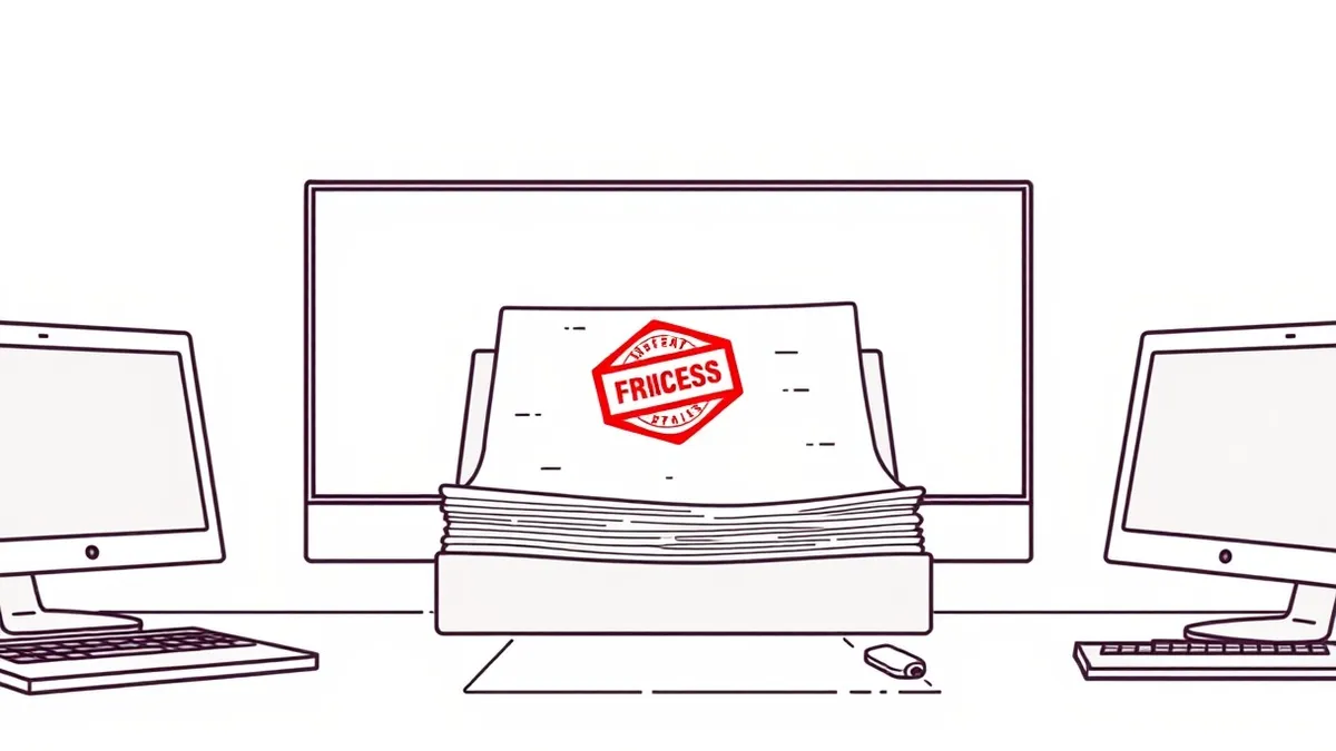 Illustration: An empty office desk holds a thick folder of blank papers with subtle texture patterns.