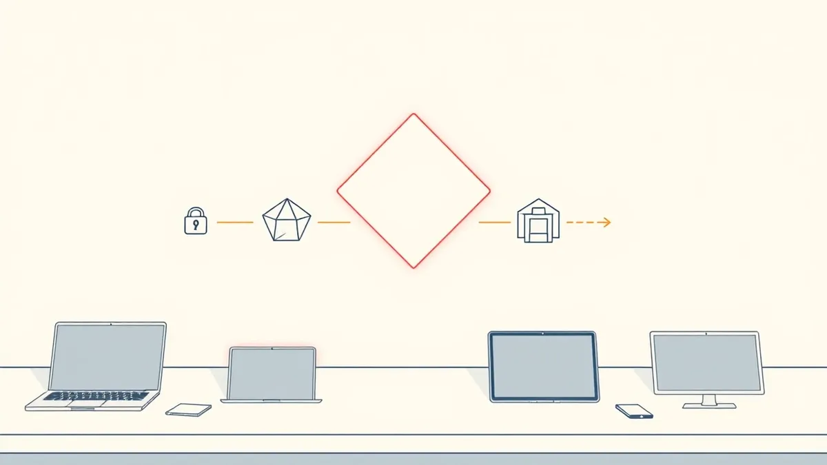Illustration: A blank, four-sided diamond shape floats in mid-air, connecting four distinct abstract geometric icons representing attacker capabilities, infrastructure, vulnerabili