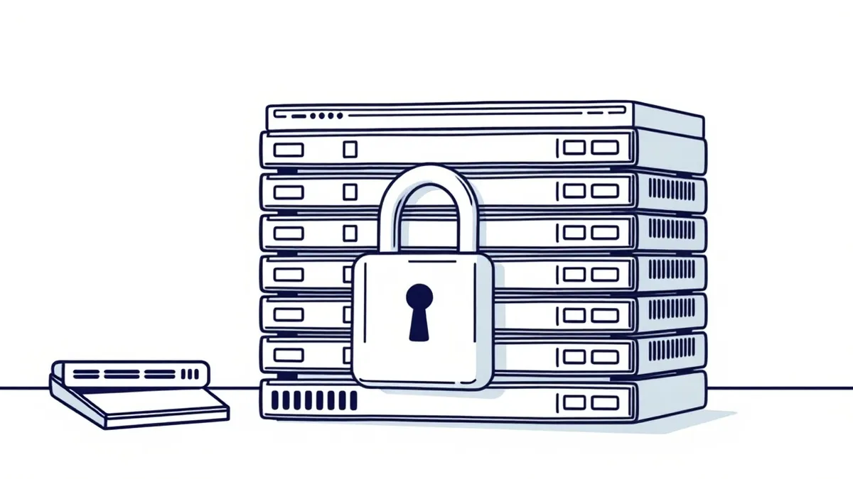 Illustration: A stack of solid silver server drives sits on a desk, each encased in a transparent hardened plastic shell that resists cracking.