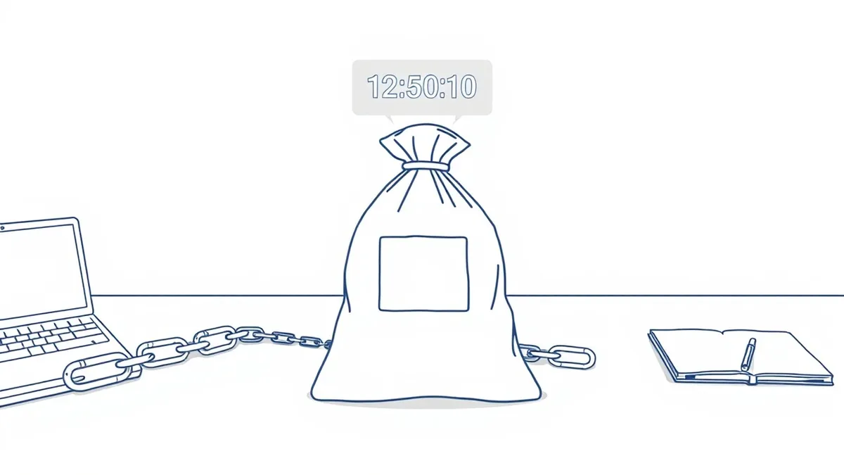 Illustration: A digital evidence bag rests on a clean white desk next to a chain of metal links.