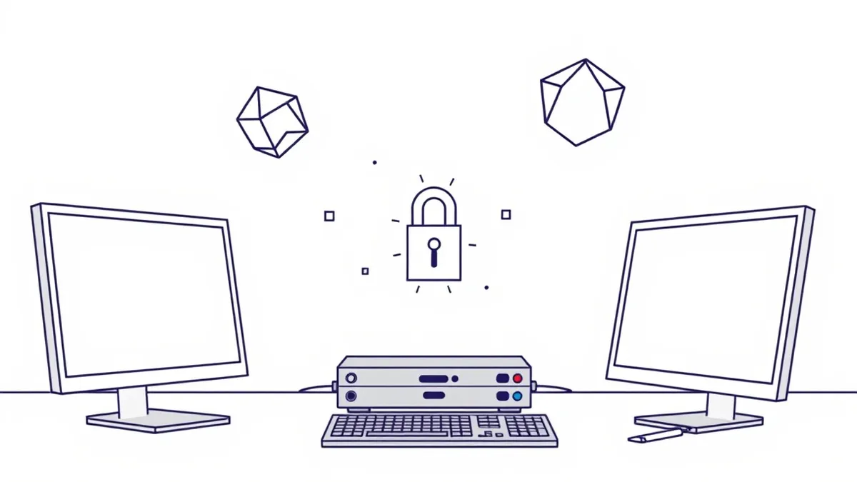 Illustration: A sleek black hardware security module sits isolated on a sterile white desk, completely disconnected from any nearby computers or cables.