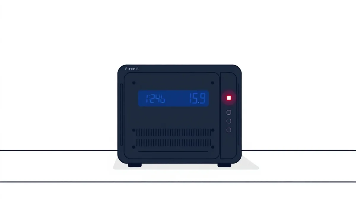 Illustration: A sleek black firewall appliance sits on a clean white desk, its front panel glowing with steady blue status lights.