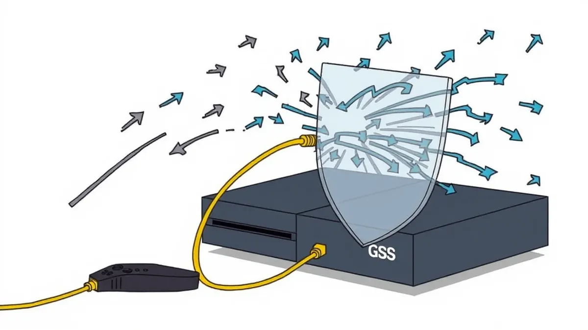 Illustration: A sleek black gaming console sits connected to a thick yellow ethernet cable that plugs into a transparent shield.