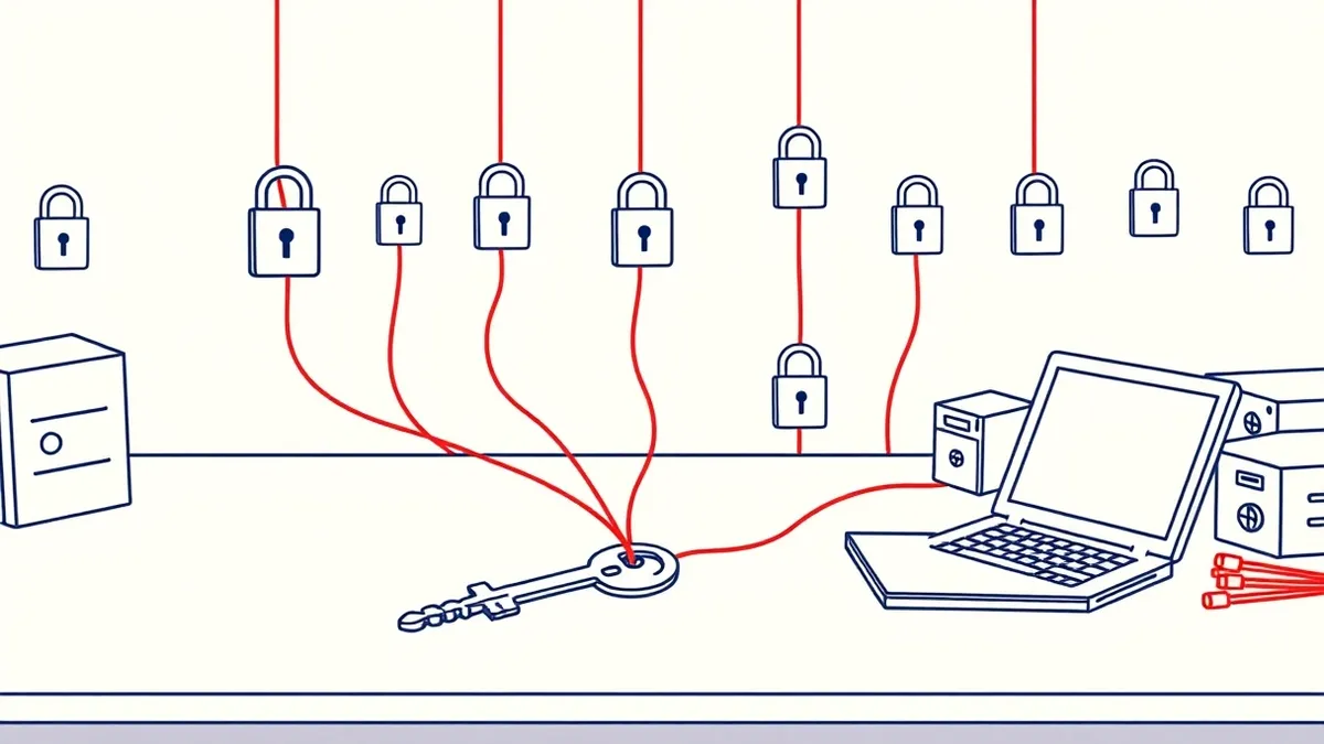 Illustration: A single key lies on a desk, connected by thin red threads to numerous locked doors and safe boxes.