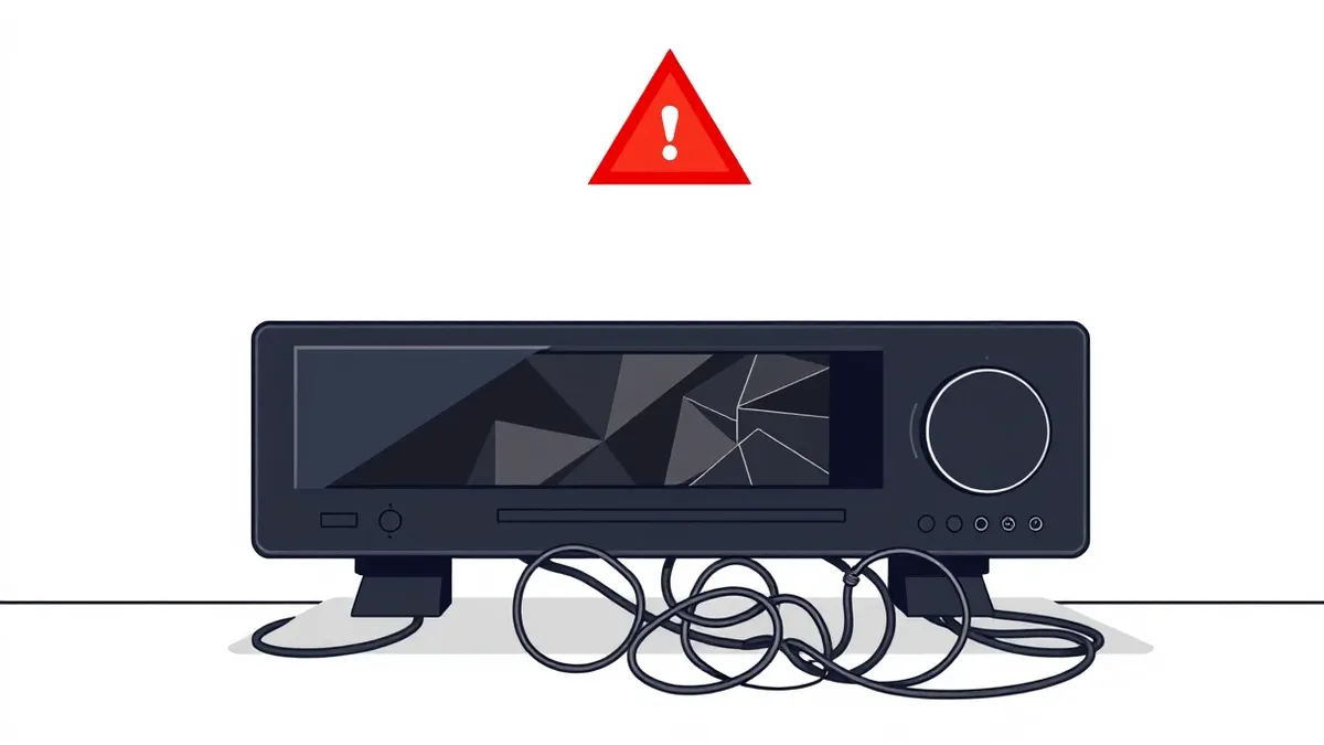 Illustration: A sleek black media player sits on a clean white desk, its screen displaying a frozen, fractured geometric pattern.
