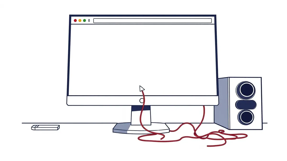 Illustration: A blank computer monitor sits on a dark desk, reflecting faint abstract shapes that suggest a web browser.