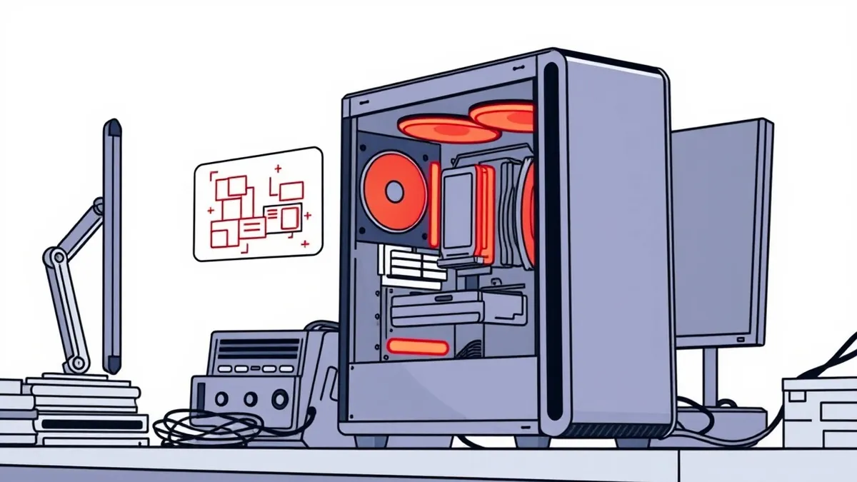 Illustration: A sleek desktop computer tower sits on a cluttered desk, its internal components glowing with intense, unnatural heat.