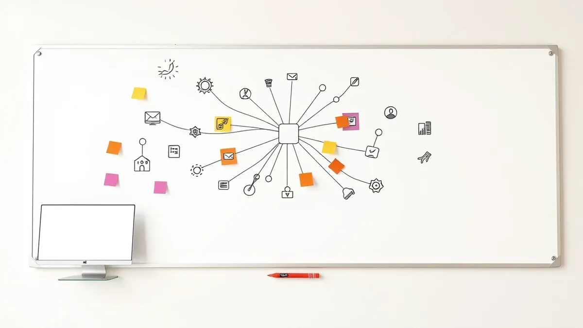 Illustration: A whiteboard covered in colorful sticky notes and tangled string connects various abstract icons on a clean office wall.
