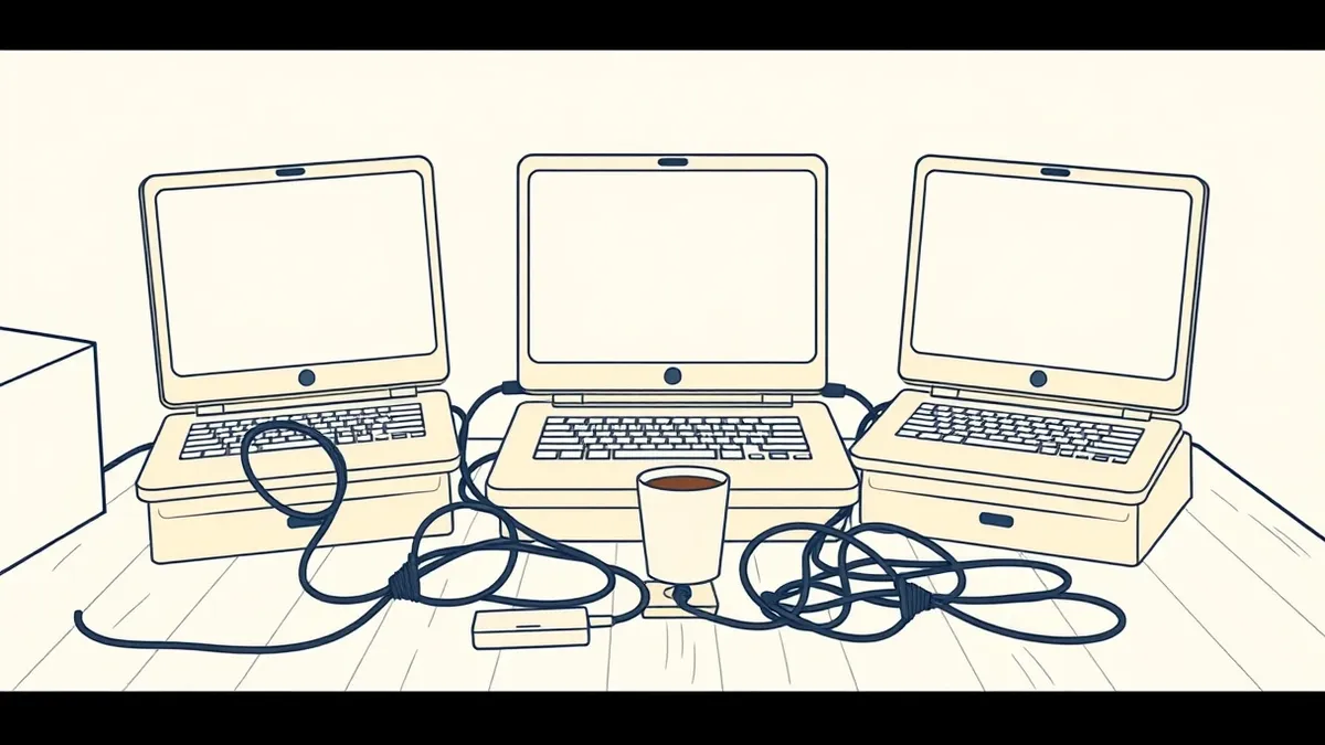 Illustration: A cluttered office desk in a suburban home holds three identical beige laptops with blank silver screens.