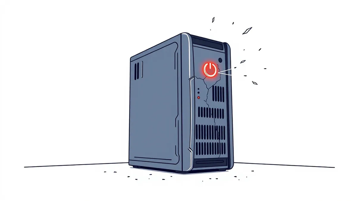 Illustration: A weathered server tower sits in a dimly lit room, its power light blinking erratically as faint cracks appear on the metal casing.