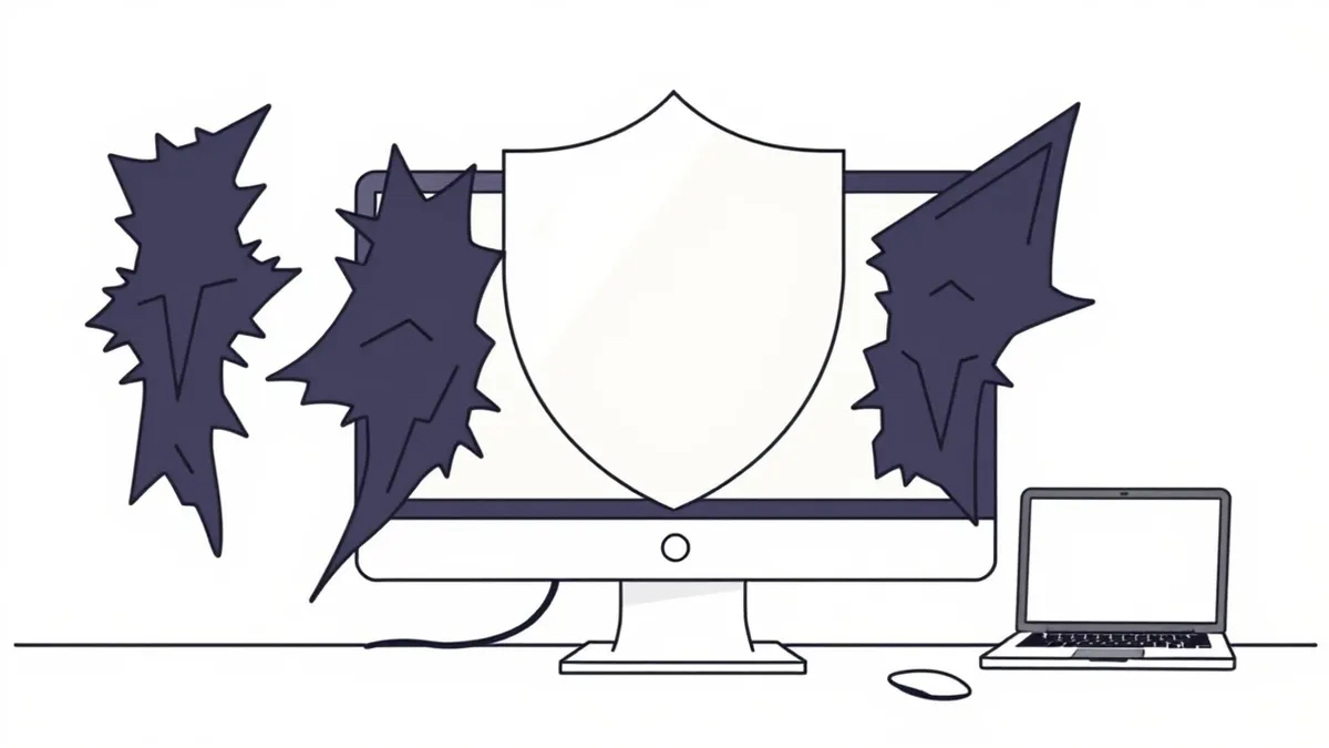 Illustration: A translucent shield blocks jagged, dark shapes representing malicious scripts from reaching a sleek desktop computer.