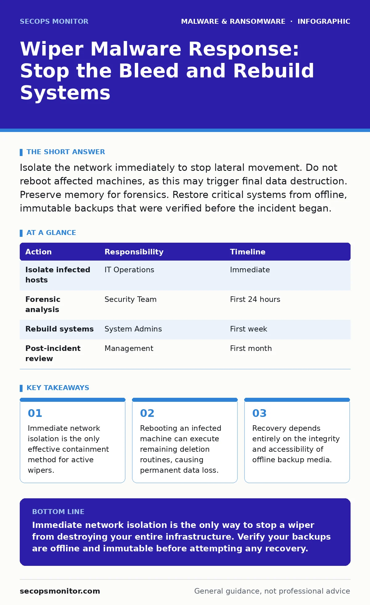 Infographic: Wiper Malware Response: Stop the Bleed and Rebuild Systems. Immediate network isolation is the only effective containment method for active wipers. Rebooting an infected machine can execute remaining deletion routines, causing permanent data loss. Recovery depends entirely on the integr