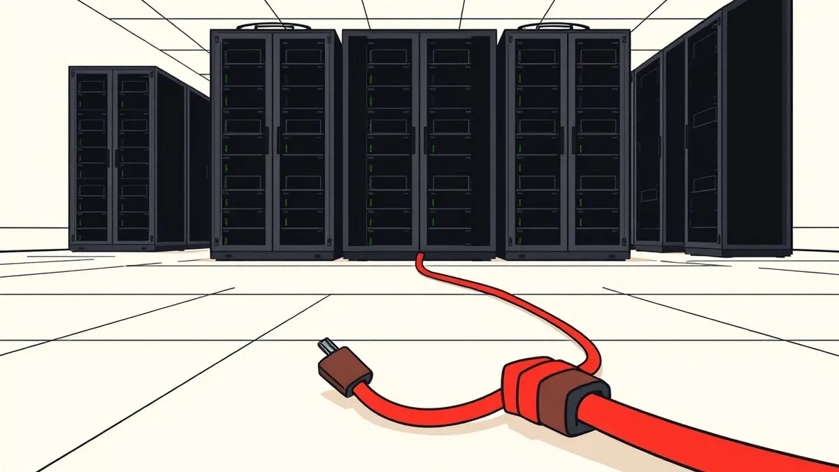 Illustration: A thick red cable lies severed on the floor of a sterile server room.